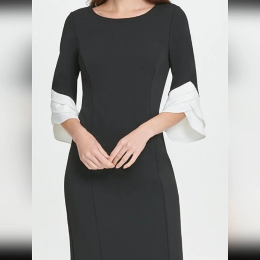 DKNY BLACK SHEATH DRESS W/TRIPLE RUFFLE SLEEVE SZ 6